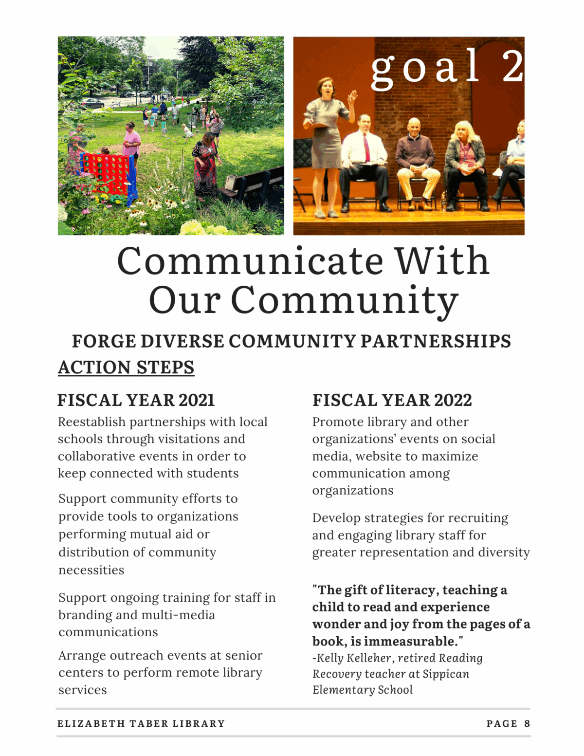 A newsletter page shows people playing guitars outdoors, a group on stage holding papers, and text about Elizabeth Taber Library’s community partnership goals for fiscal years 2021 and 2022, with a quote on literacy by Kelly Kelleher.