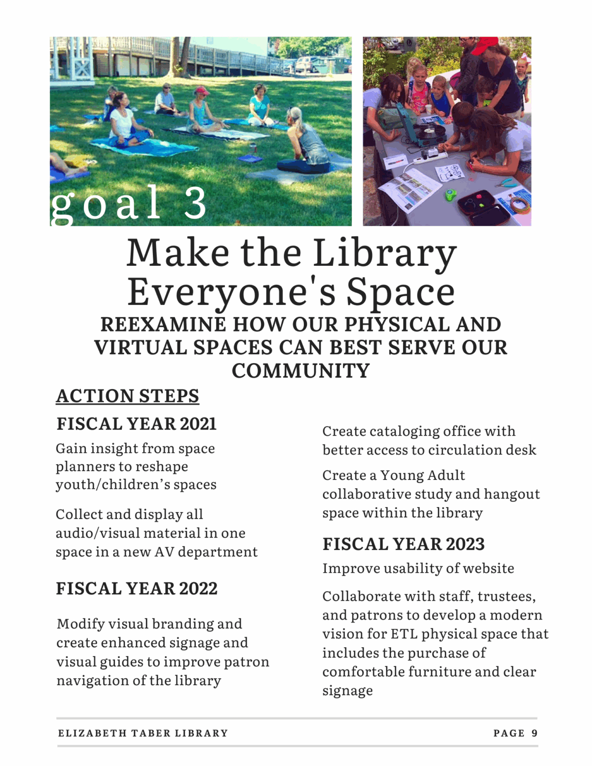 A group of children and adults sit together outside on grass, reading and engaging in activities. Text below outlines library goals for making physical and virtual spaces more inclusive at Elizabeth Taber Library.