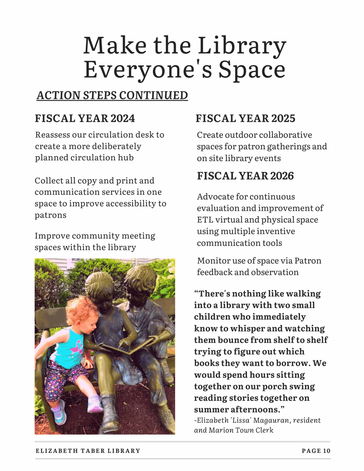 A library newsletter page details action steps for making the library more inclusive, lists fiscal year goals, and features a photo of two young children reading together outdoors.