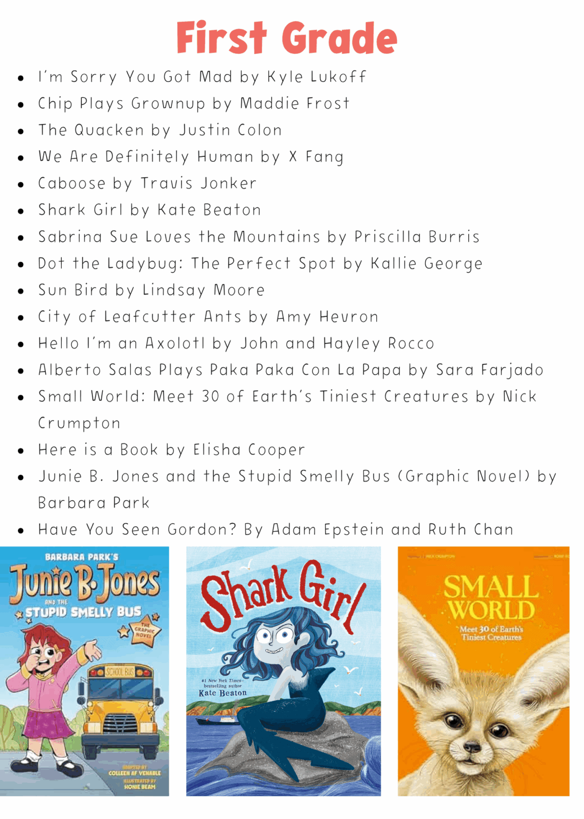 A colorful first grade book list with 17 titles and three book covers shown: Junie B. Jones, Shark Girl, and Small World, on a light background with decorative dots and bold pink header.