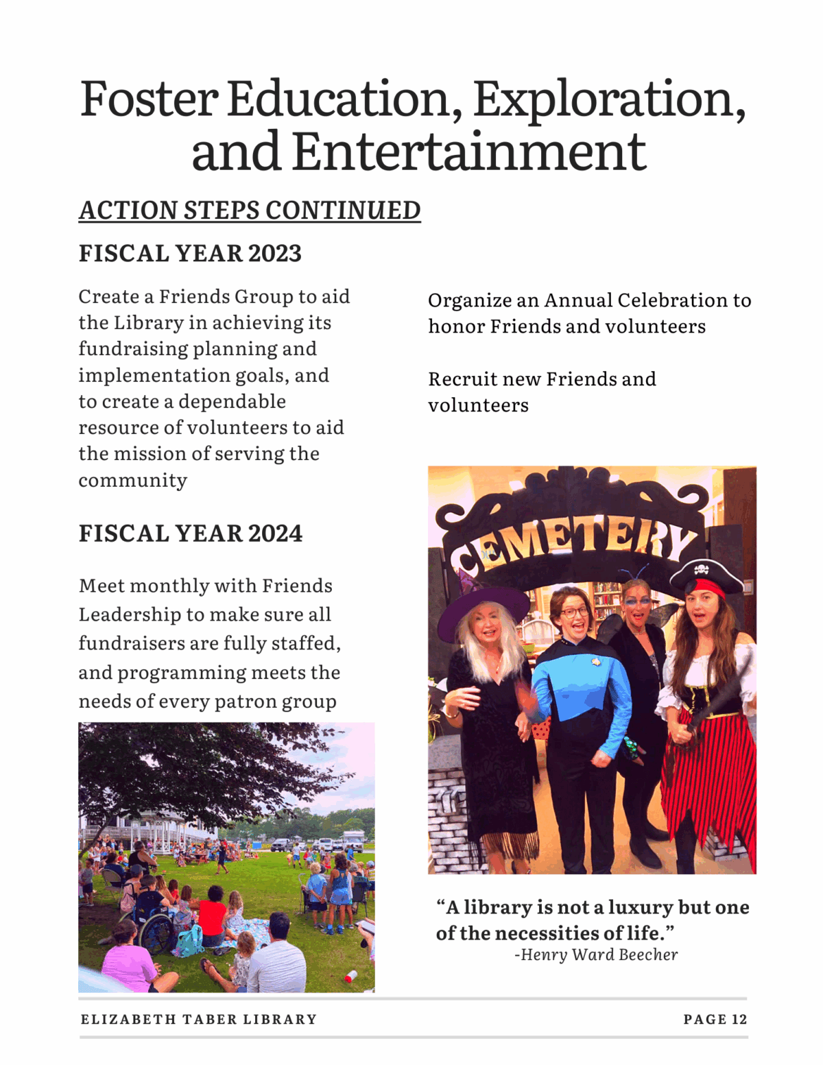 A page from the Elizabeth Taber Library newsletter outlines fundraising action steps and goals for 2023–2024, with photos of people at library events and a quote by Henry Ward Beecher about the value of a library.