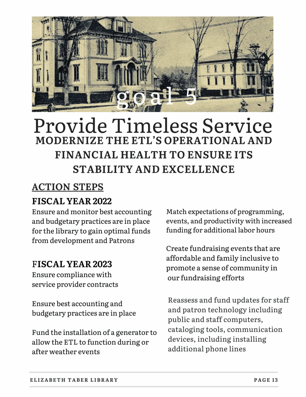 A library newsletter page titled Provide Timeless Service, listing action steps on financial and operational modernization, with a grayscale image of a historic building at the bottom.