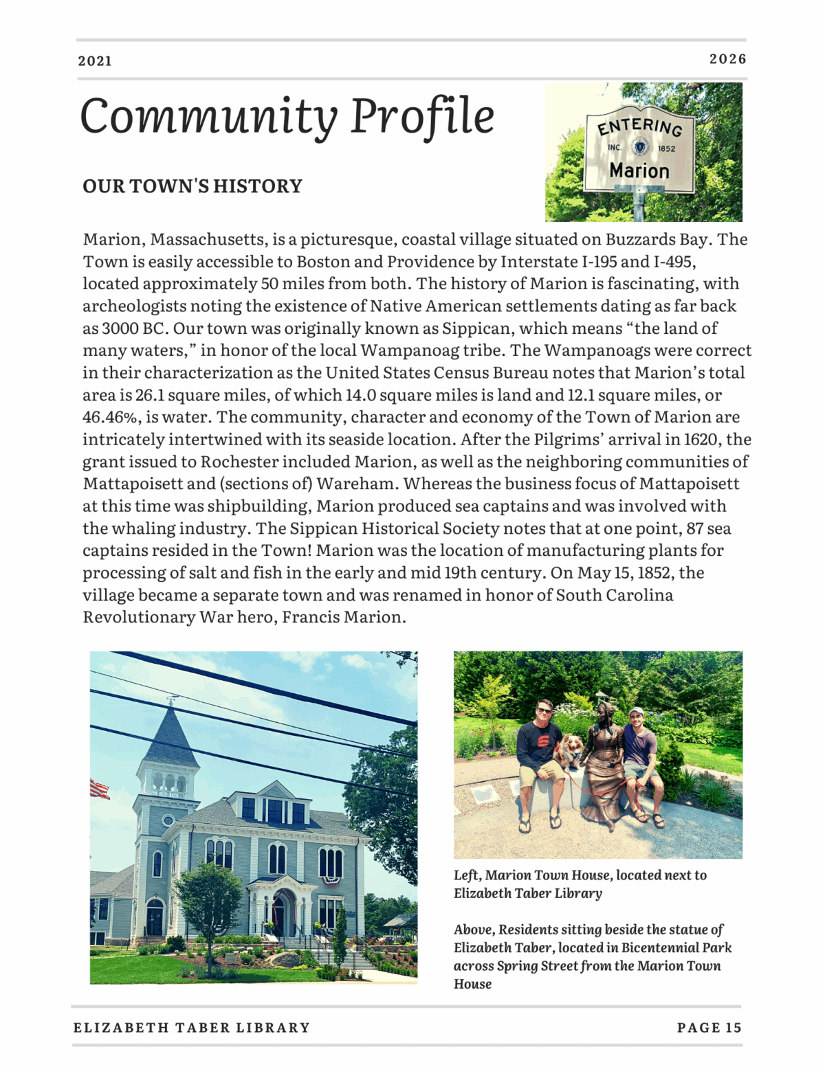 A magazine page titled Community Profile with an article about Marion, Massachusetts, including a photo of a sign reading Entering Marion and another photo of a white house labeled the Marion Historic District Taber House.