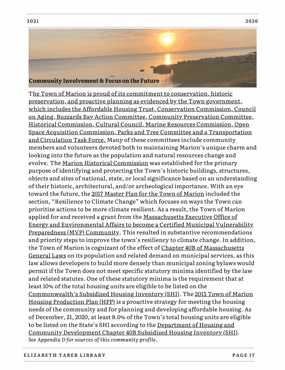 A page from a report featuring a sunset photo over water with a pier. The text discusses Marion’s community commitment to conservation, historic preservation, planning, and future goals, alongside various commissions and committees.