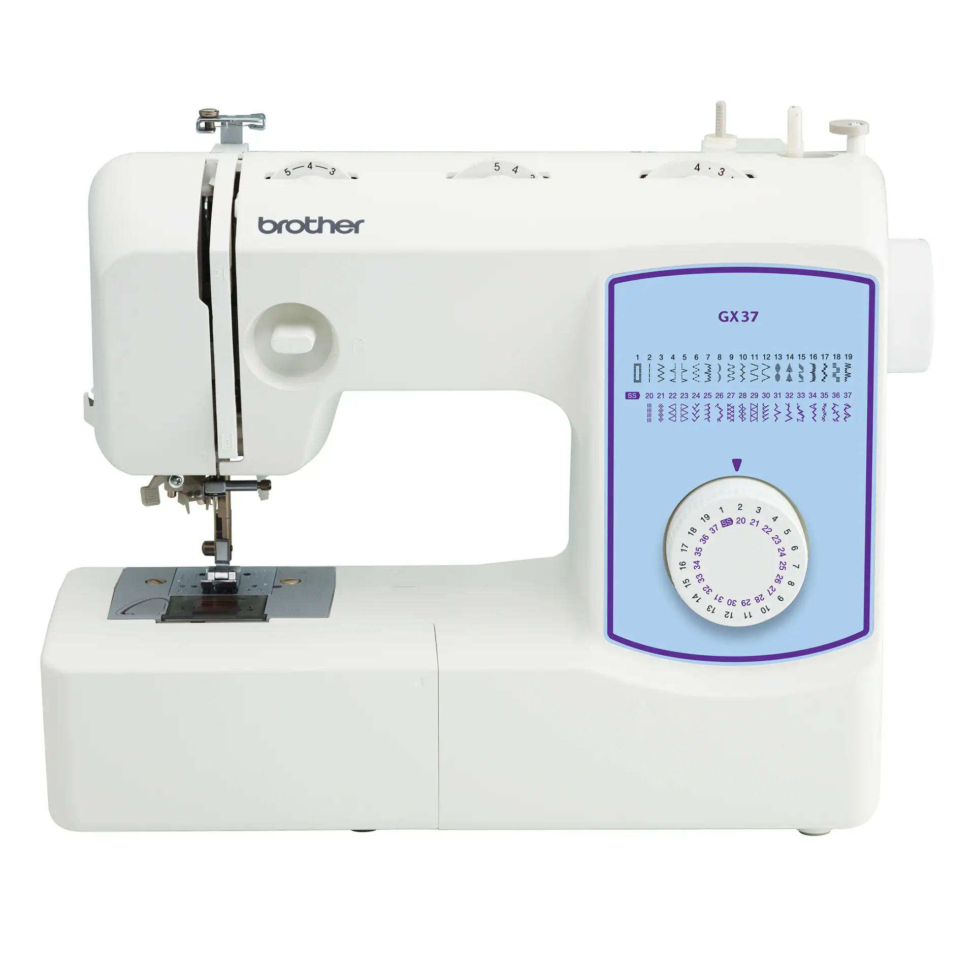 A white Brother GX37 sewing machine with a blue and white stitch selection panel and a numbered dial on the front.