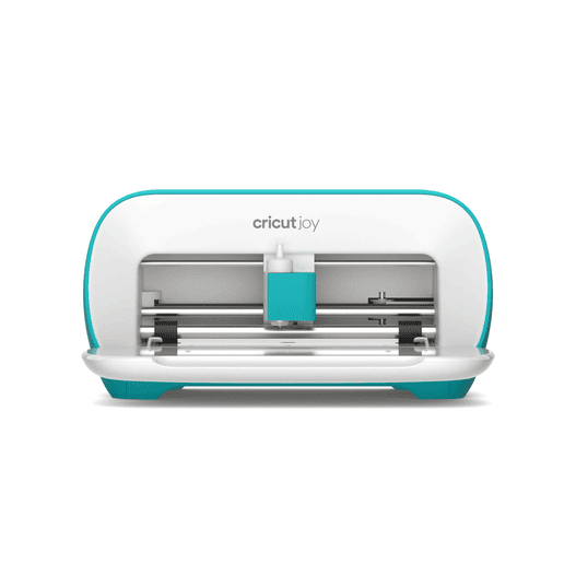 A Cricut Joy cutting machine with a white and teal design, shown from the front with its cutting mechanism visible inside.