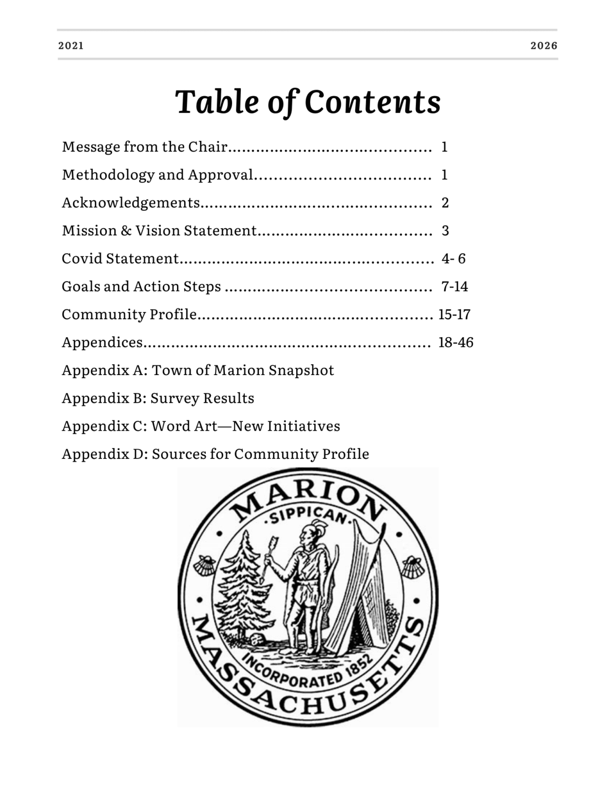 Table of contents page with section titles and page numbers, plus a circular black-and-white seal for Marion, Massachusetts showing a person standing with a staff and tree, with text “Marion Sippican Massachusetts Incorporated 1852”.