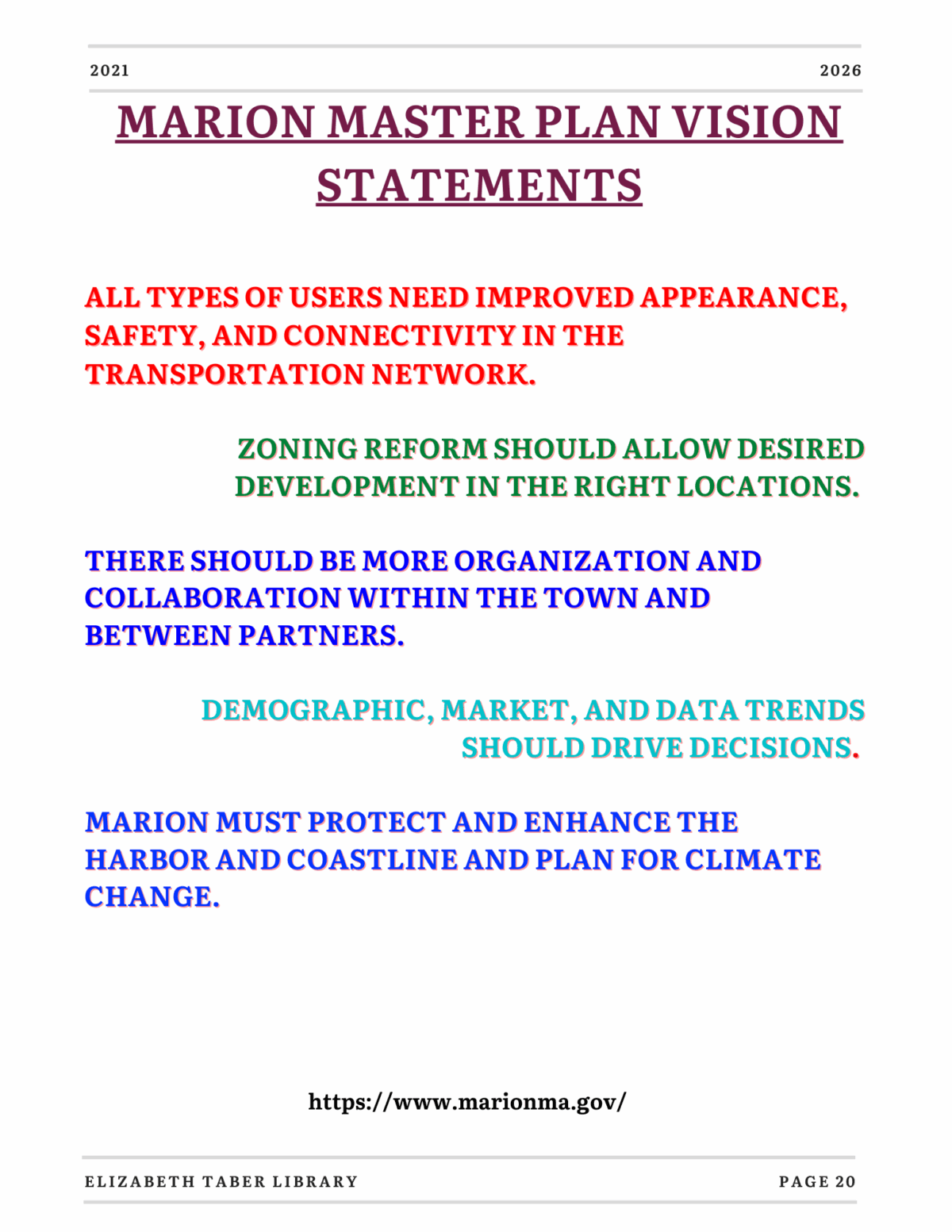 A page titled Marion Master Plan Vision Statements lists goals about transportation, zoning reform, organization, data-driven decisions, and protecting Marions harbor and coastline. Website link at the bottom.