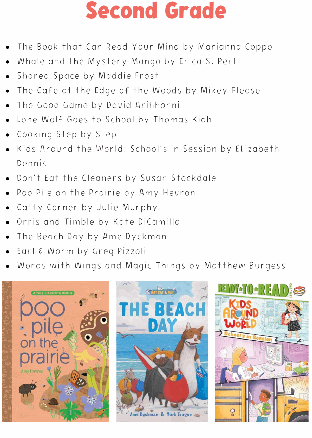 A list of second grade books is shown above small cover images of Poo, Pile on the Prairie, The Beach Day, and Ready-to-Read: Arlo and Pips, on a white background with pink headings.