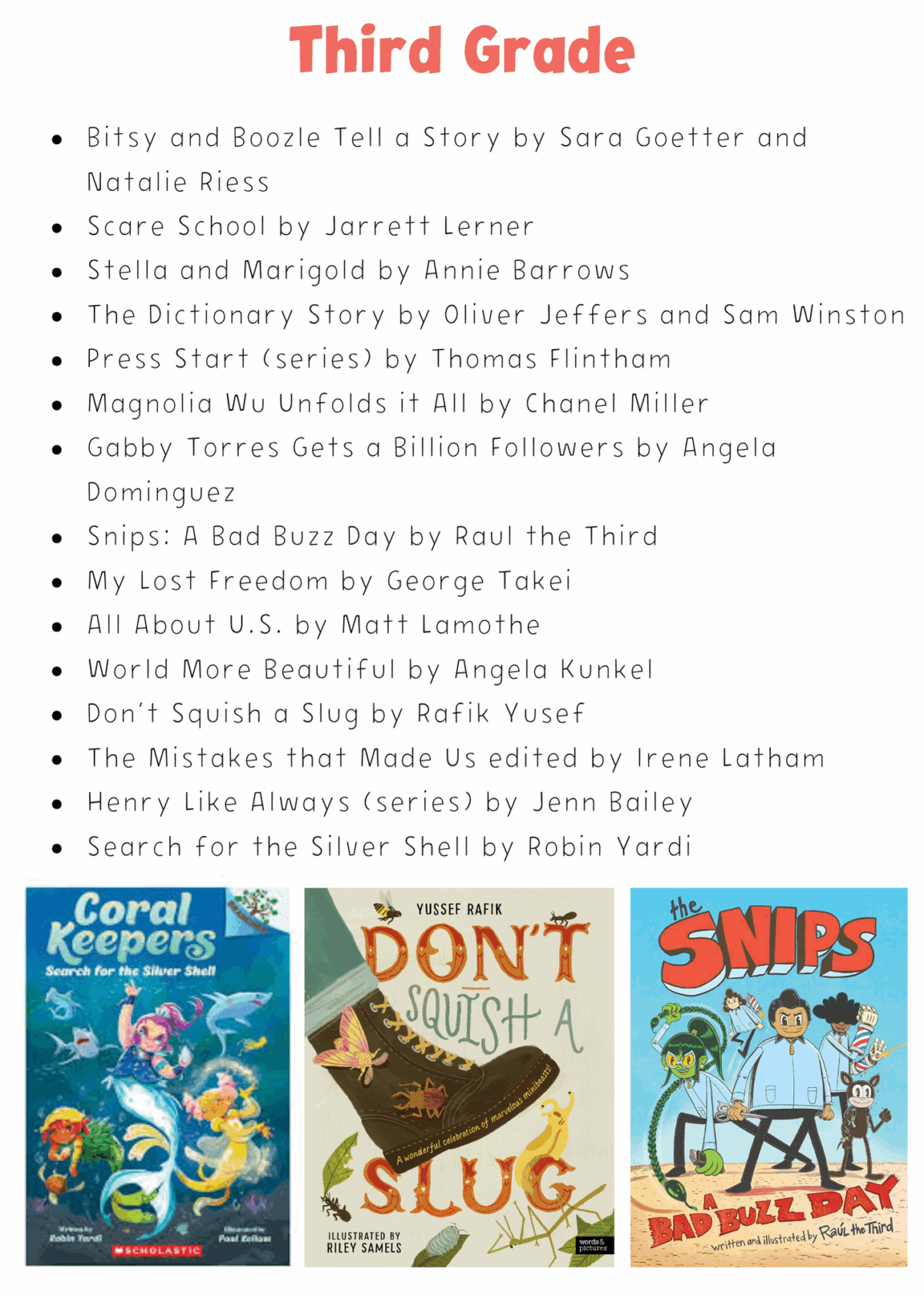 A list titled Third Grade with 14 childrens book recommendations and three book covers at the bottom: Coral Keepers, Dont Squish a Slug, and Snips: A Bad Buzz Day.