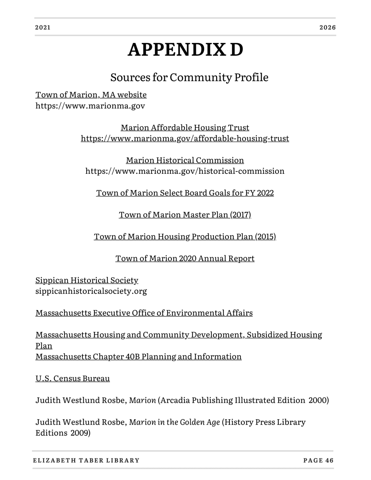 A reference list titled APPENDIX D: Sources for Community Profile, including website links and documents like town plans, historical society resources, census data, and books related to Marion, MA.