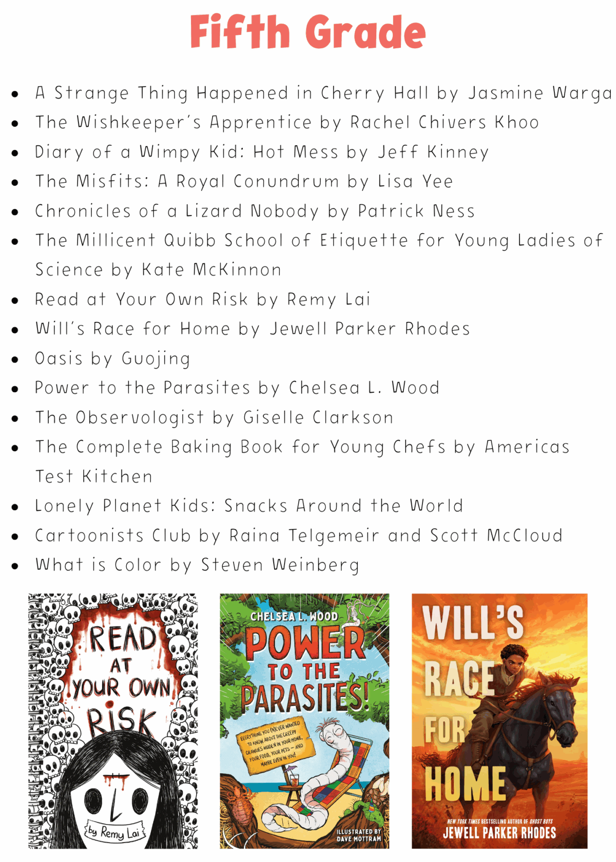 A fifth grade book list with 15 titles and three book covers at the bottom: Read at Your Own Risk, Power to the Parasites!, and Will’s Race for Home. The list is headed Fifth Grade in orange text.