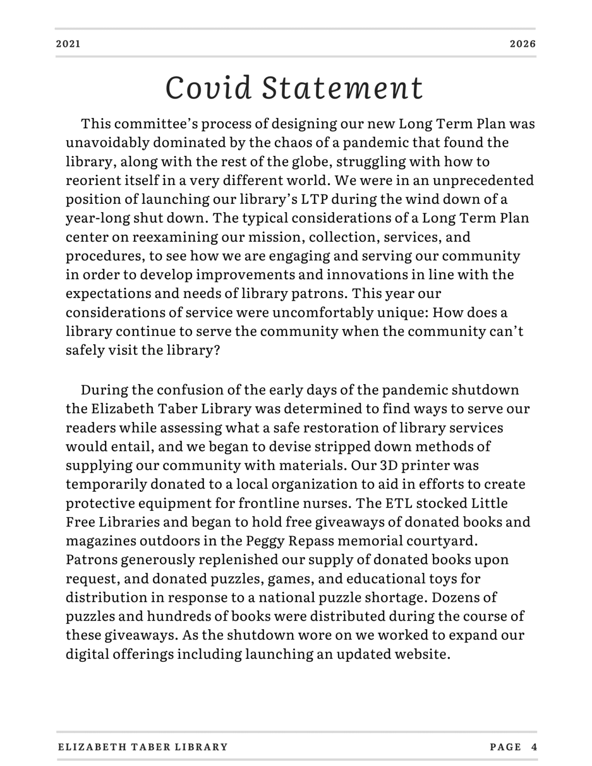 A printed page titled Covid Statement discusses how the pandemic affected the Elizabeth Taber Librarys planning and operations, emphasizing community engagement and service adaptations.