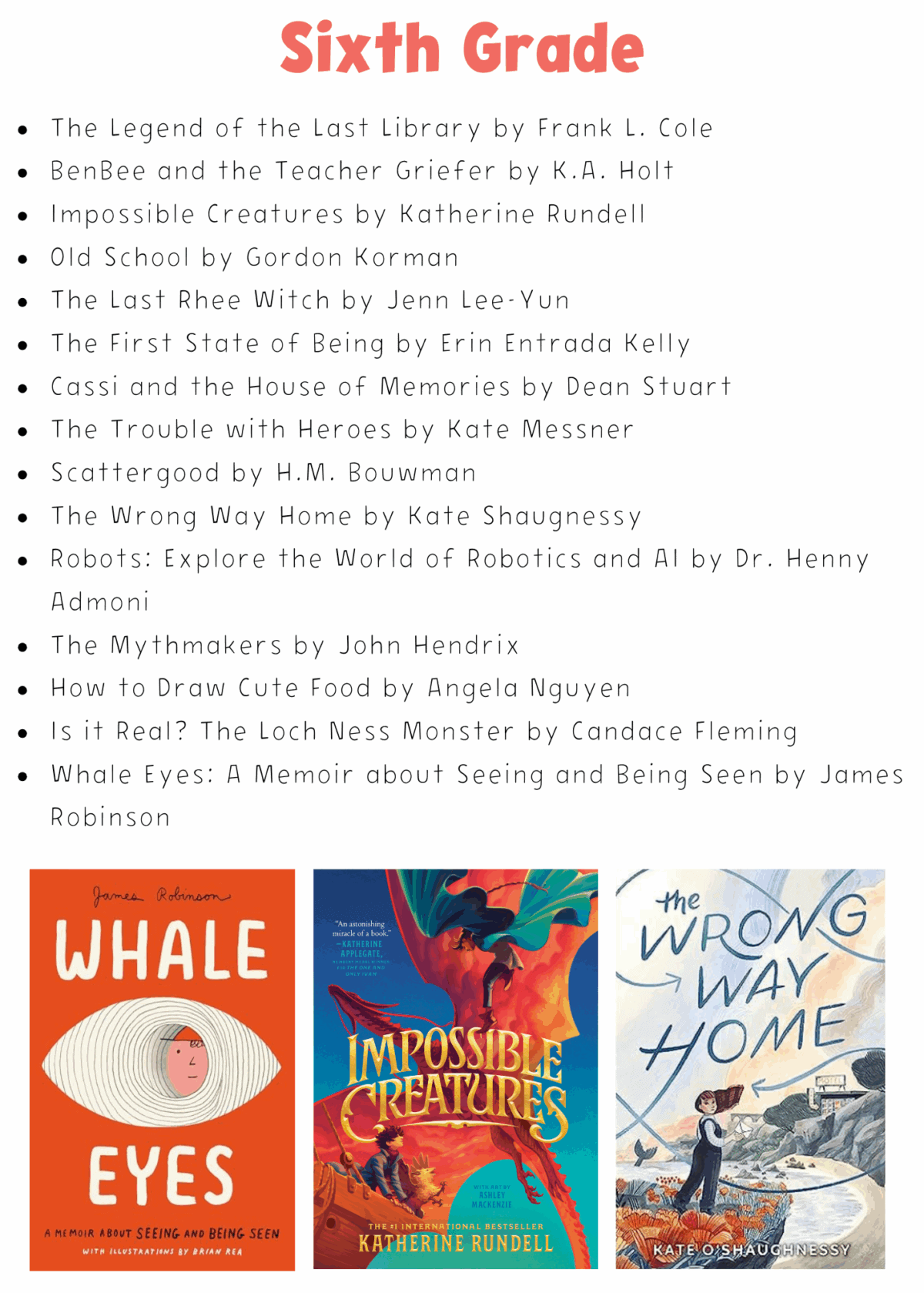 Sixth grade reading list featuring 15 book titles and authors, with cover images of Whale Eyes, Impossible Creatures, and The Wrong Way Home at the bottom. The title is written in orange at the top.