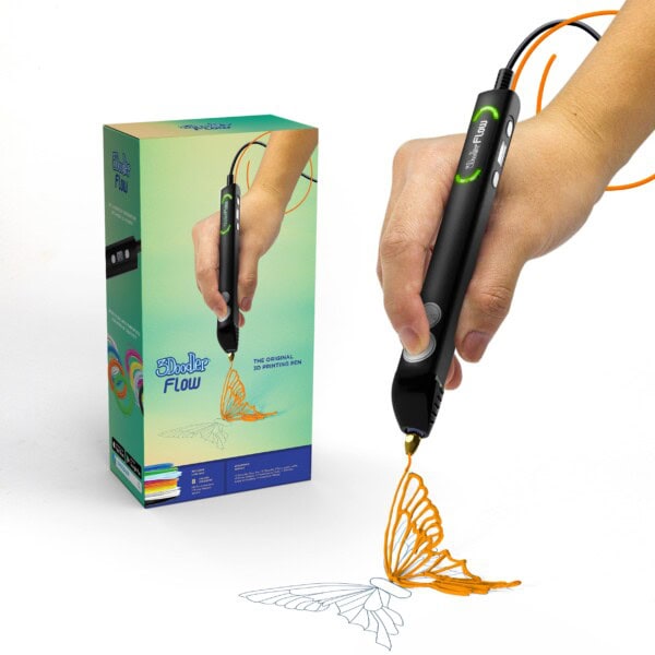 A hand uses a black 3Doodler Flow 3D printing pen with orange filament to draw a butterfly wing. The product box, featuring the pen and a butterfly illustration, stands nearby.