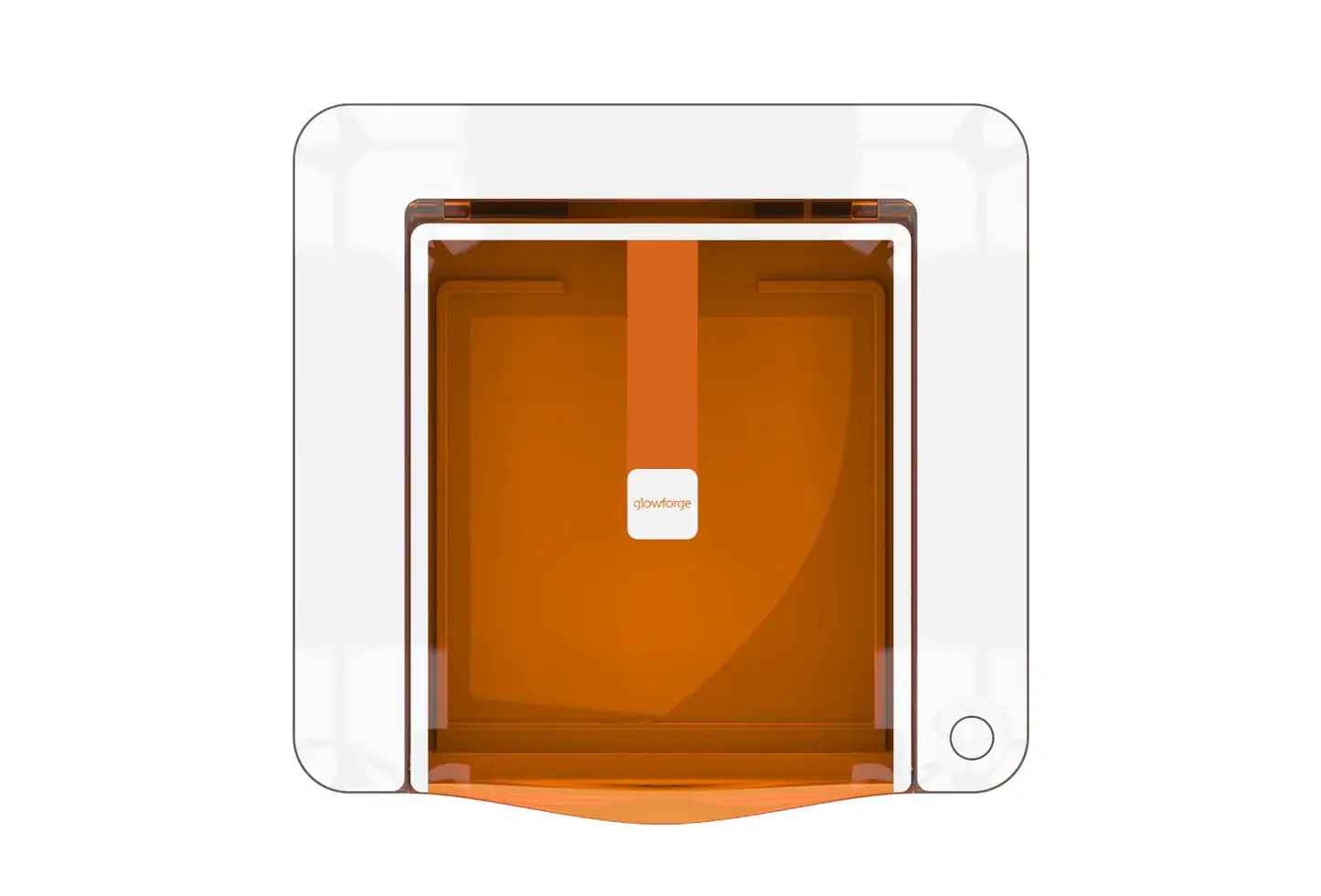 Top view of a Glowforge laser cutter with an orange-tinted lid, white frame, and a central Glowforge logo inside the lid.