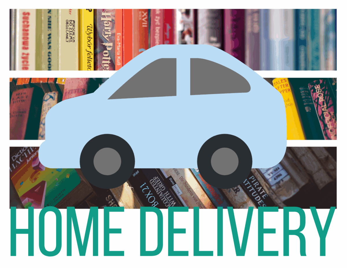 A light blue car icon is centered over shelves filled with books. Large teal text at the bottom reads HOME DELIVERY, suggesting book delivery service to homes.