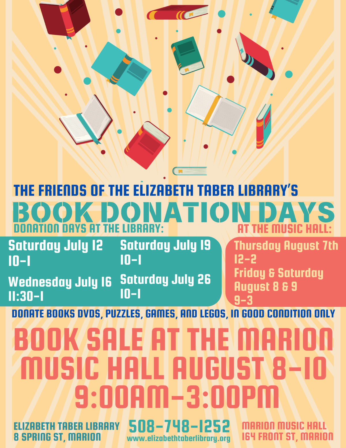 Colorful poster for the Elizabeth Taber Librarys Book Donation Days and Book Sale at Marion Music Hall, with dates, times, contact info, and images of flying books on a yellow background.