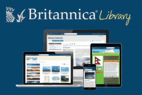 A promotional image for Britannica Library shows its website displayed on a desktop, laptop, tablet, and smartphone, illustrating its accessibility across multiple digital devices.