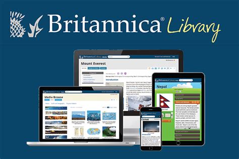 Four digital devices display Britannica Librarys educational content on their screens, set against a blue background with the Britannica Library logo and thistle icon at the top.