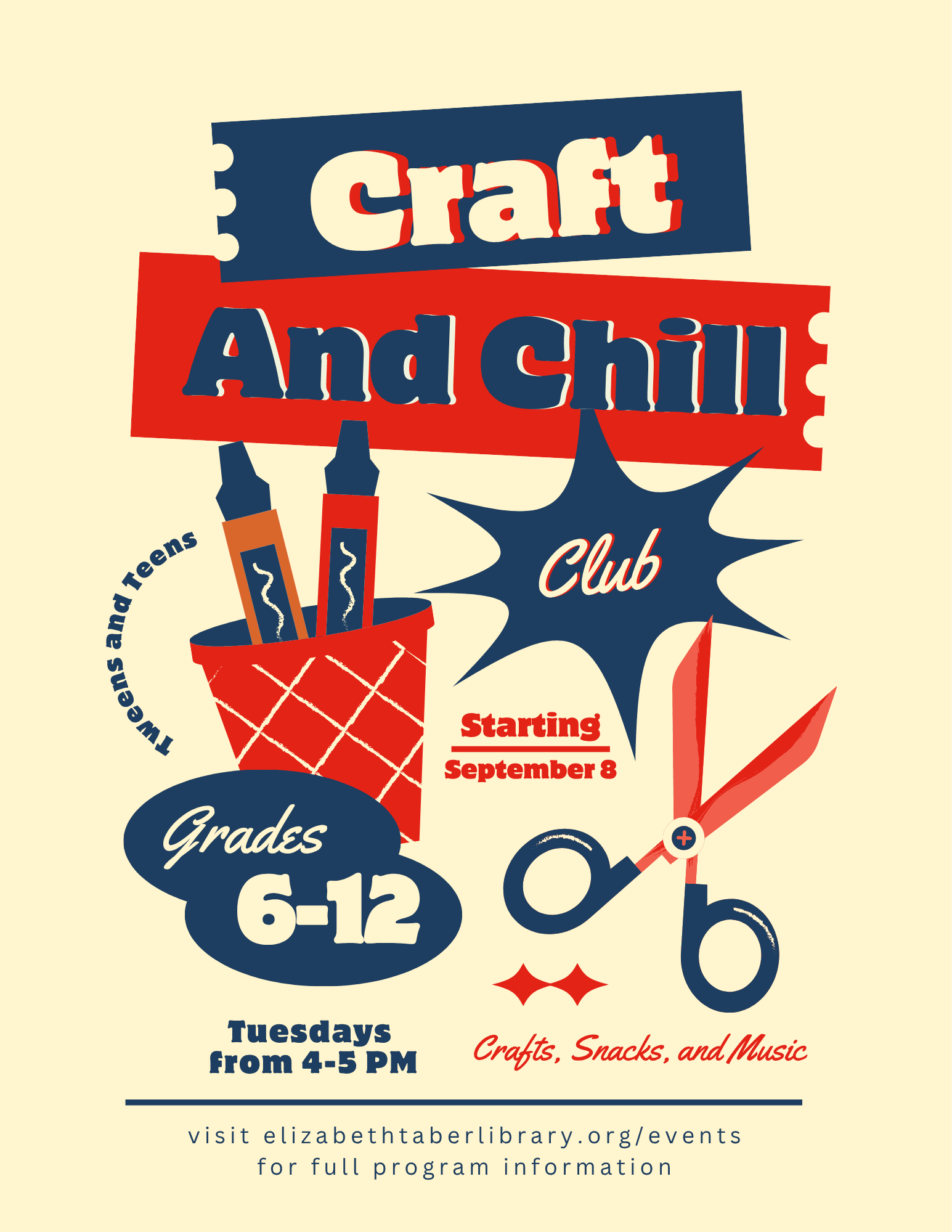 fall 2026 craft and chill. Tuesdays from 4-5 PM starting on September 8. For grades 6-12.