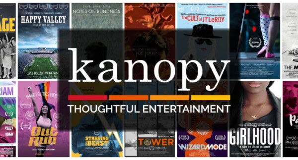 A collage of various movie posters forms the background, with the word kanopy and the tagline THOUGHTFUL ENTERTAINMENT prominently displayed in the center.