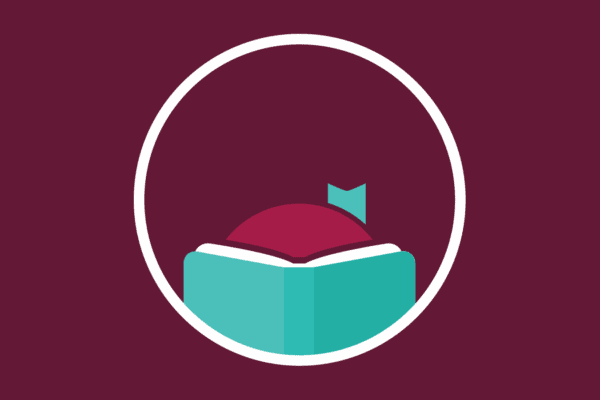 A simple graphic of an open book with a bookmark, a maroon semicircle above it, all enclosed in a white oval on a maroon background.