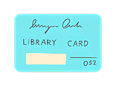 A blue library card with a signature at the top, the words LIBRARY CARD in the center, a blank white rectangle for a name, and the number 052 in the bottom right corner.