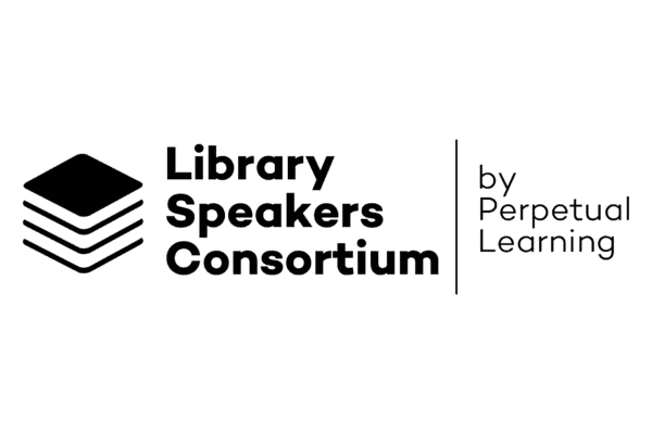 Black and white logo with three stacked rectangles on the left, and the text Library Speakers Consortium by Perpetual Learning in bold and regular fonts on the right, separated by a vertical line.