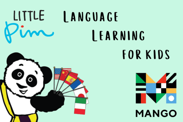 A cartoon panda holding various international flags with the text Little Pim Language Learning for Kids and the Mango Languages logo on a light green background.