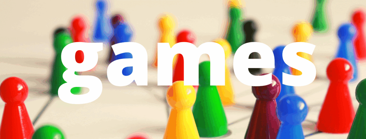 Colorful game pieces are grouped on a board, with the word games in large white letters across the center.