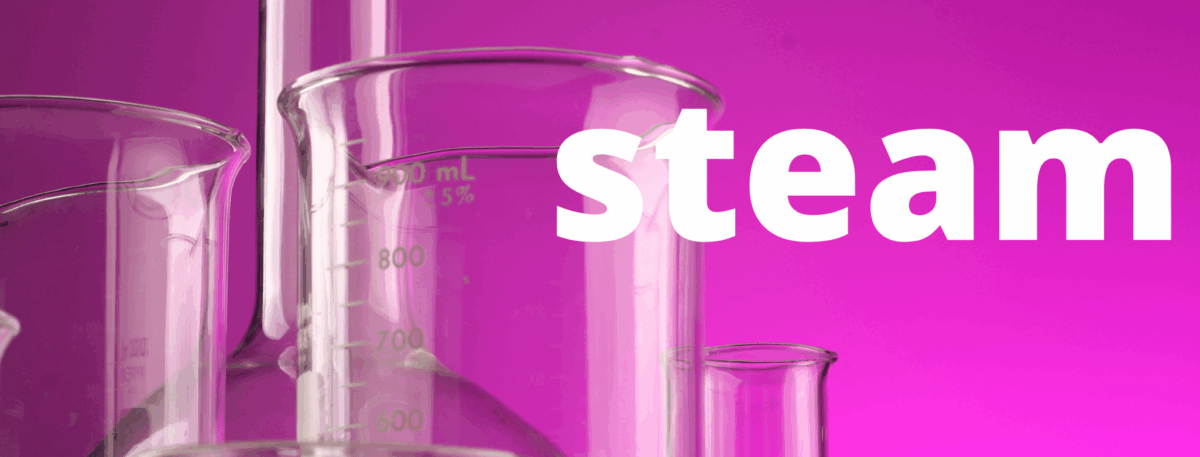 Several clear laboratory beakers and flasks are arranged in front of a bright pink background with the word “steam” in large white text on the right side.