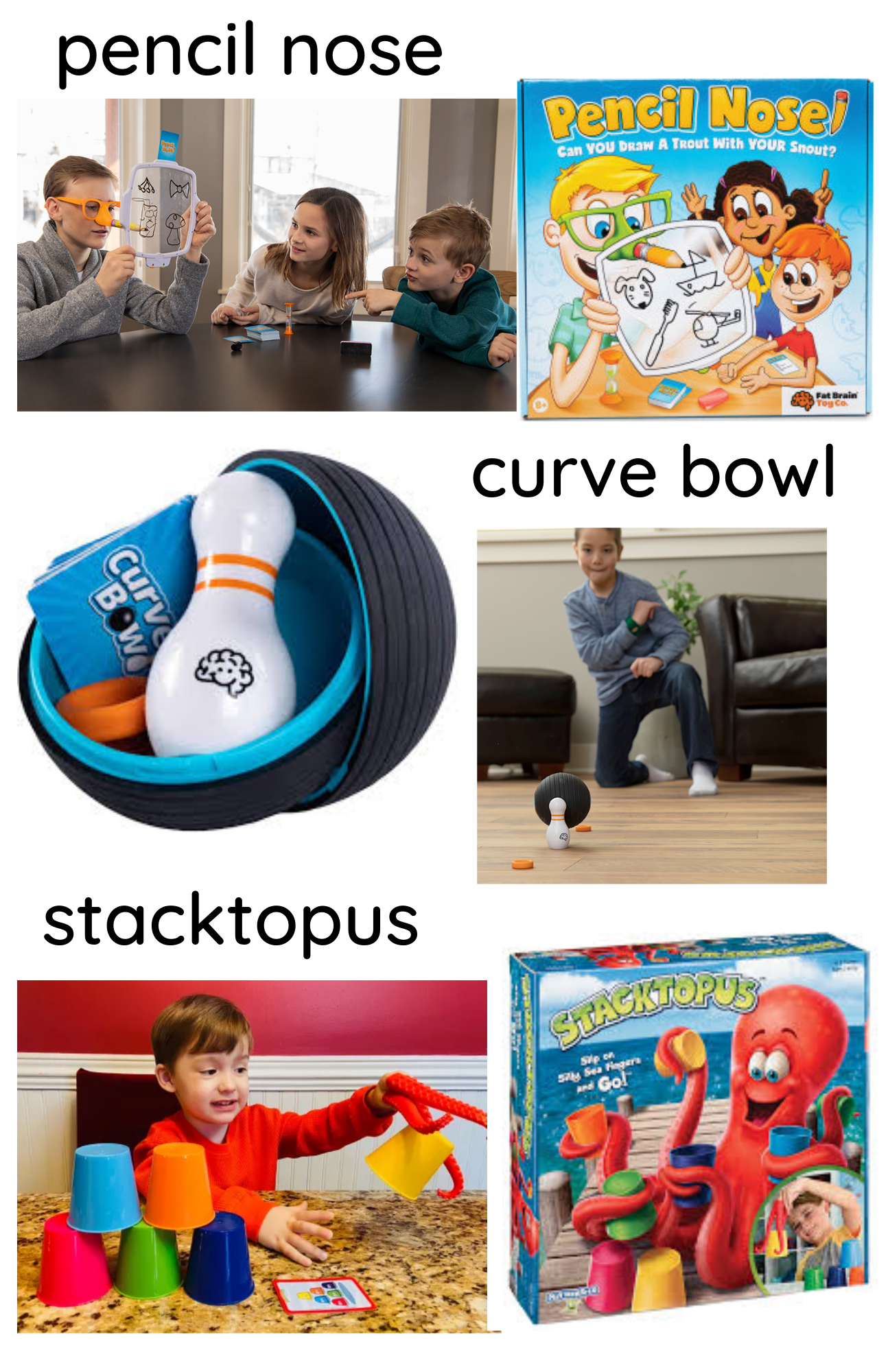 Three party games are shown: Pencil Nose, with kids drawing while wearing glasses holding a pencil on their nose; Curve Bowl, featuring a ball and bowling pin; and Stacktopus, with a child stacking cups using toy tentacles.