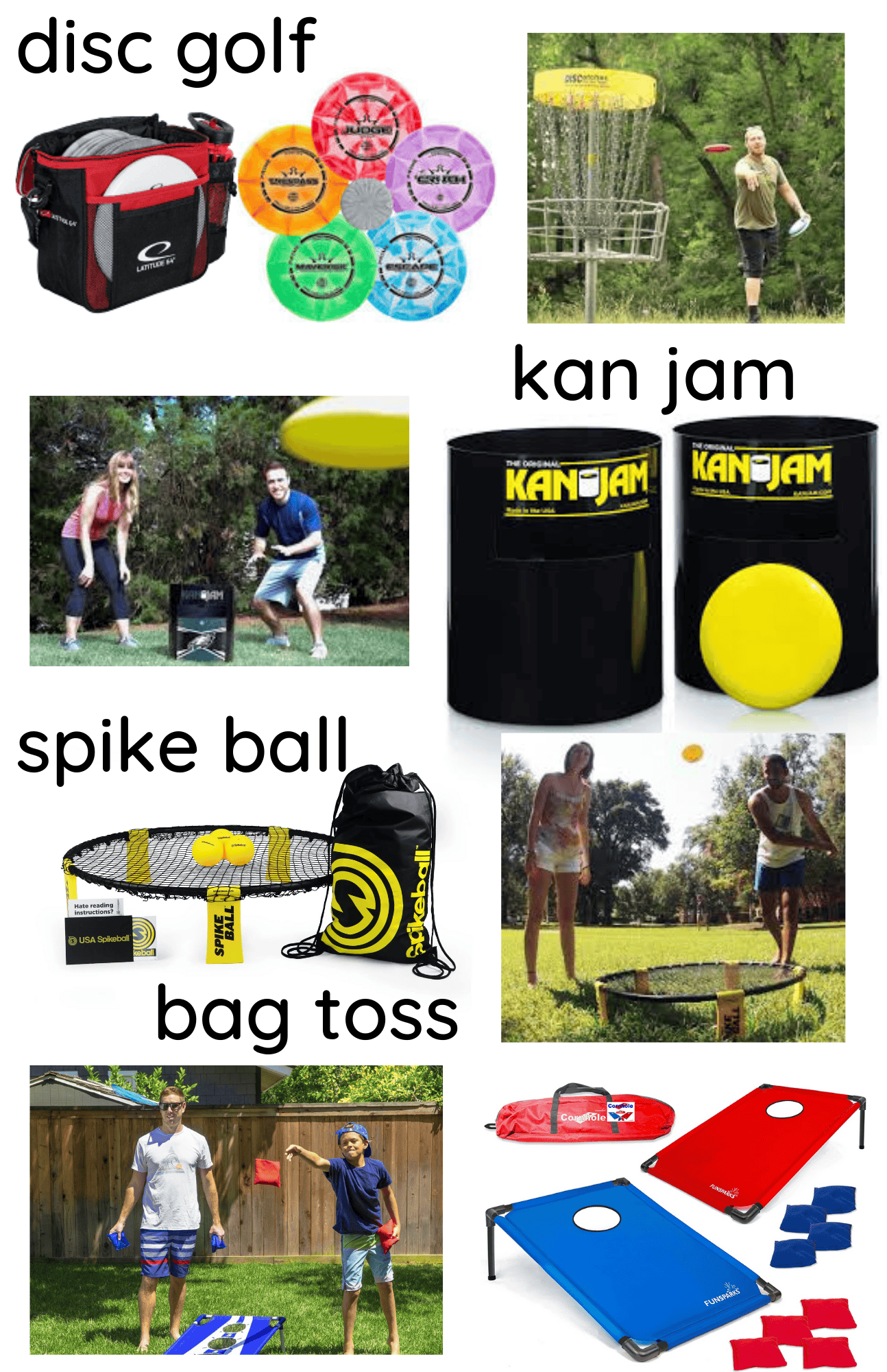 Collage showing equipment and people playing four yard games: disc golf, kan jam, spike ball, and bag toss. Each game is illustrated with related gear and photos of people playing outside.