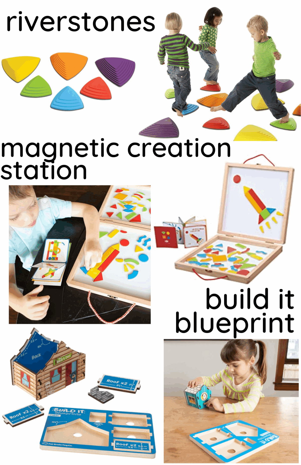 Children play on colorful, triangular riverstones for balance; another uses a magnetic creation station with geometric pieces; kids assemble building models with blueprints and wooden pieces on a table.