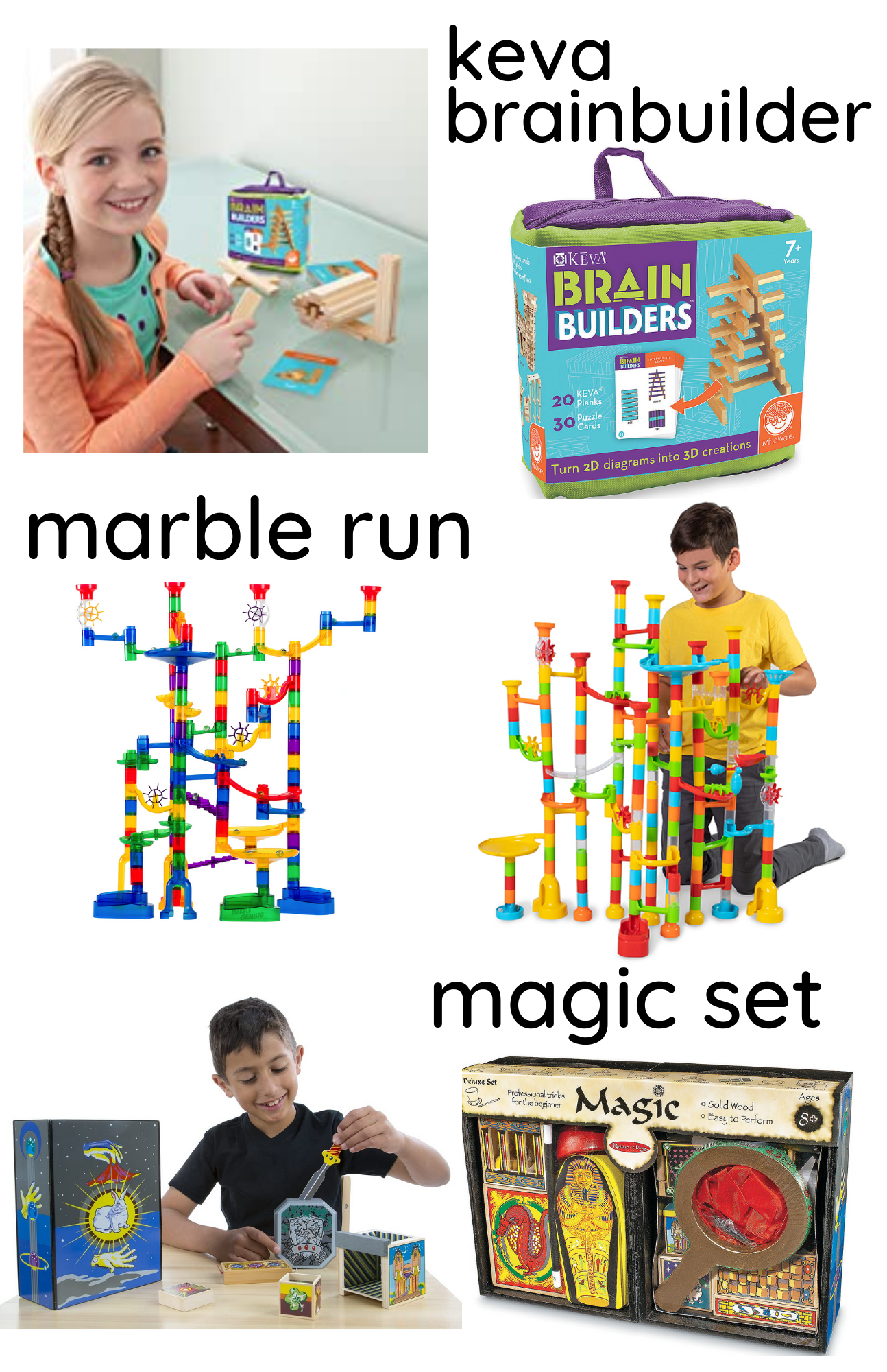 A collage showing kids playing with educational toys: a girl with a Keva Brainbuilder set, the set’s box, a boy with a colorful marble run, an assembled marble run, a boy with a magic set, and two boxed magic kits.