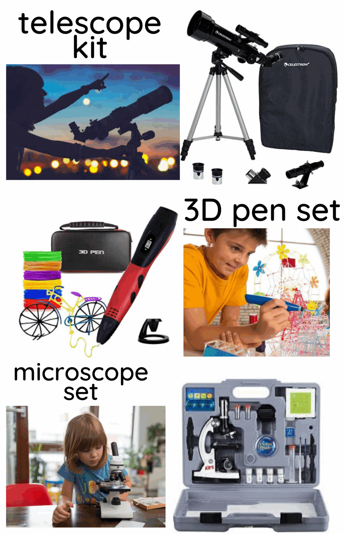 A collage with a telescope kit, a 3D pen set with colored filaments, and a microscope set. Each section shows both kids using the tools and close-ups of the items and accessories.
