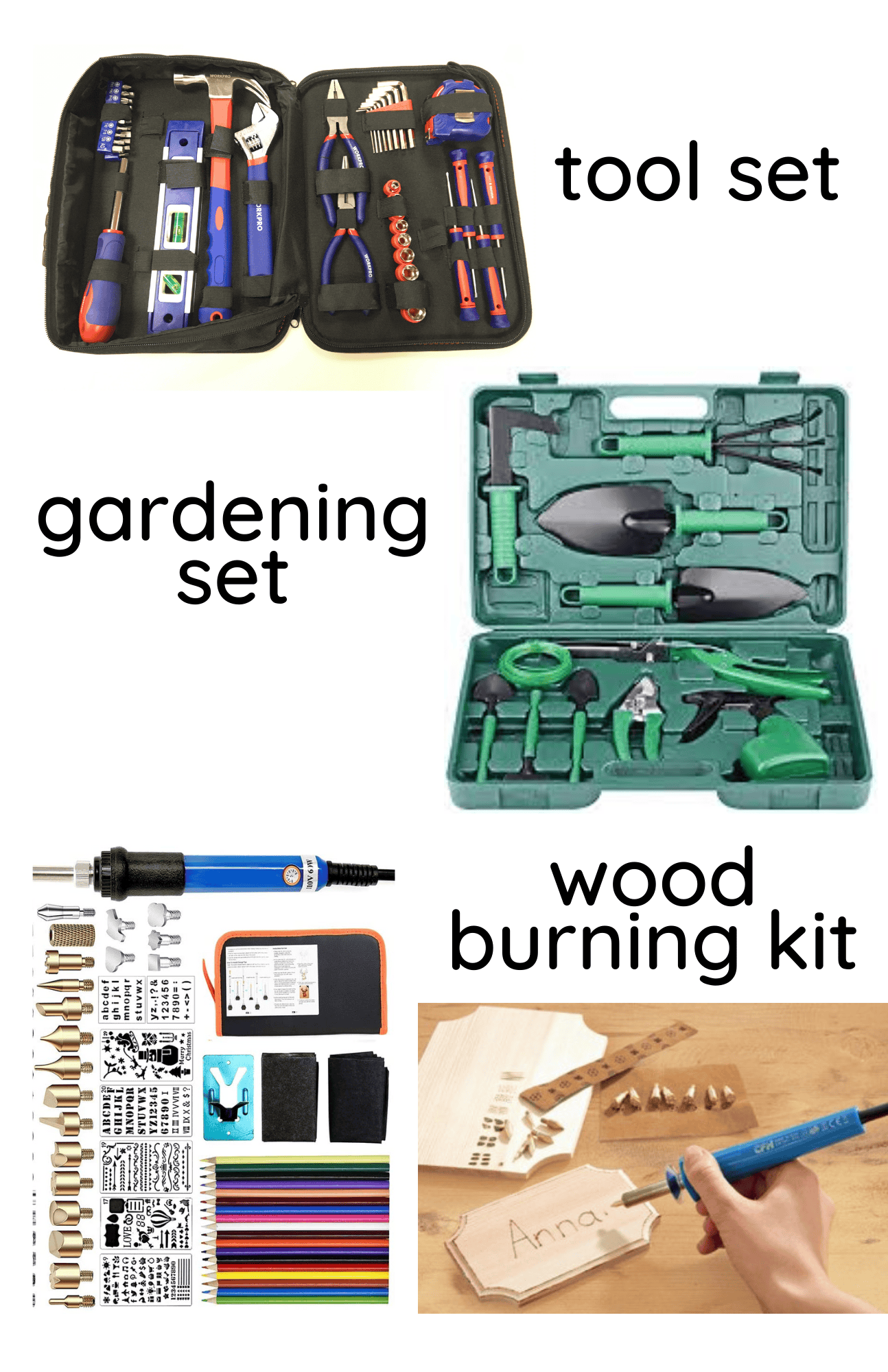 A collage showing a tool set in a black case, a green gardening set, a wood burning kit with various tips, and a person using a wood burning pen on a piece of wood. Text labels each item.