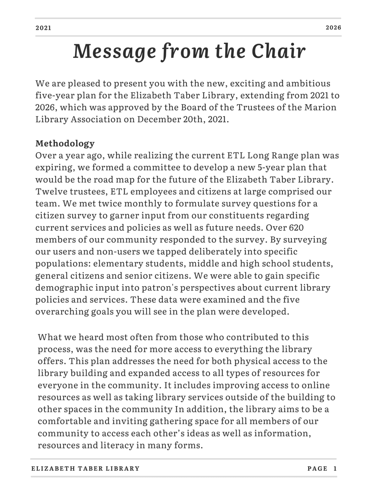 A newsletter page titled Message from the Chair with text discussing the Elizabeth Taber Library’s 2021-2026 long-range plan, outlining community input, methodology, and the library’s role as a resource and gathering space.