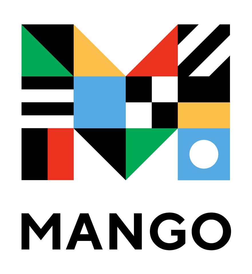 A colorful, geometric letter M made of triangles, rectangles, and squares in black, white, red, blue, yellow, and green. Below the M is the word MANGO in bold, black capital letters.