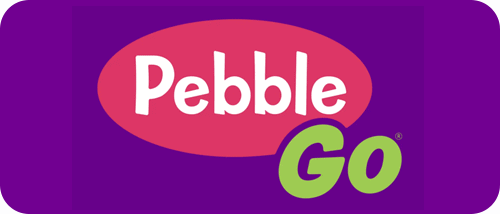 PebbleGo logo with Pebble in white text on a red oval and Go in green text below, all on a purple rectangular background with rounded corners.
