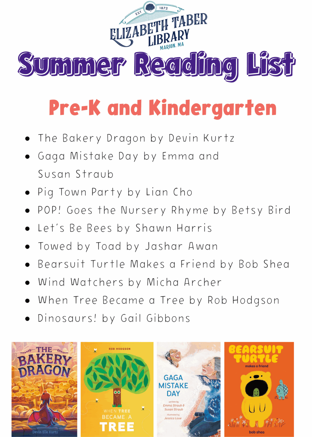 A colorful summer reading list flyer for Pre-K and Kindergarten from Elizabeth Taber Library, listing 10 book titles and featuring four book covers at the bottom.