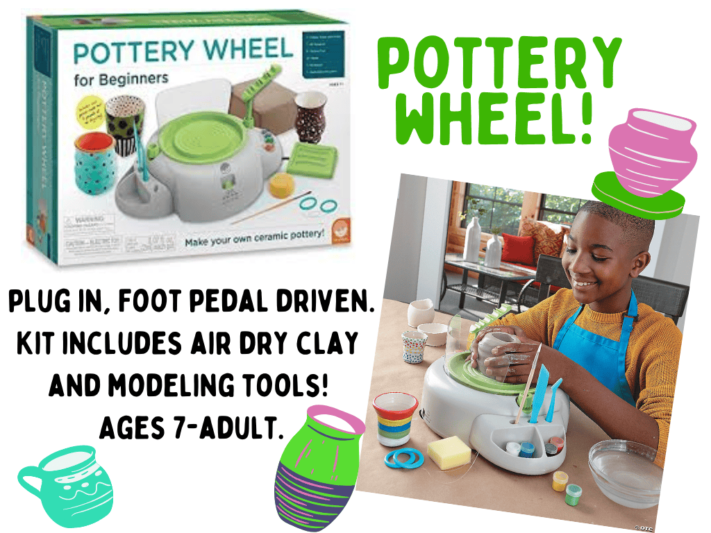A pottery wheel kit for beginners is shown in its box and in use by a smiling child. Text highlights plug-in, foot pedal operation, included clay and tools, and suitability for ages 7 to adult. Decorative pottery graphics appear throughout.