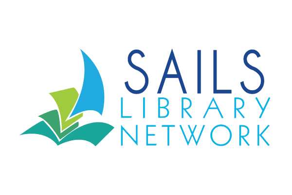 SAILS Library Network logo with stylized green and blue sailboat made from open book pages and the words SAILS Library Network in blue to the right.