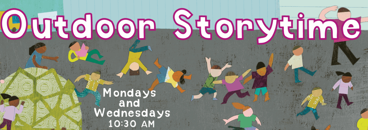 Illustration of diverse children running and playing outdoors, with large text reading Outdoor Storytime. Below, it says, Mondays and Wednesdays, 10:30 AM. A haystack and a building are in the background.