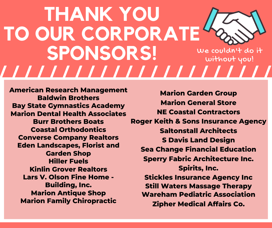 A thank you graphic for corporate sponsors lists various business names on a pink background with a handshake graphic, heart, and text reading We couldnt do it without you! at the top right.