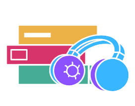 Illustration of three stacked books in yellow, pink, and green, with a pair of blue and purple headphones resting in front of them.